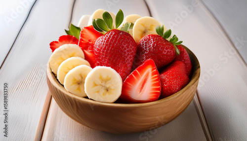 fresh fruit in a wooden bowl sliced strawberries and bananas healthy lifestyle background