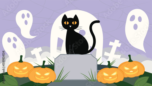 Black cat sitting on a tombstone with pumpkins and ghosts in a halloween themed graveyard scene