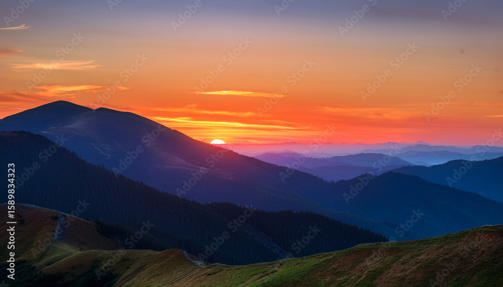 a scenic mountain landscape features a vibrant sunset and sunrise painting the sky with hues over hills and valleys a scenic mountain landscape features a vibrant sunset and sunrise painting the sky with hues over hills and valleys