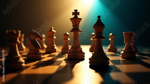 A chess game with wooden pieces on a checkered board under dramatic lighting in a dark environment