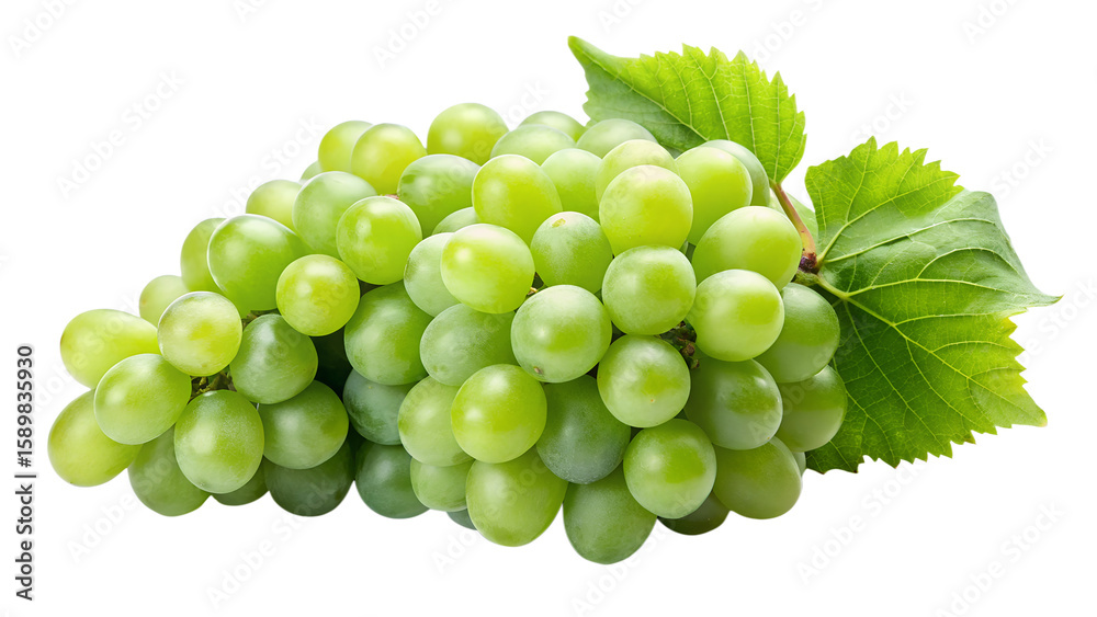 Obraz premium A luscious bunch of green grapes with vibrant leaves is isolated on transparent background, ready to be enjoyed