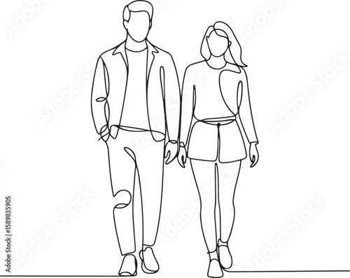 One continuous line drawing of a couple walking hand-in-hand