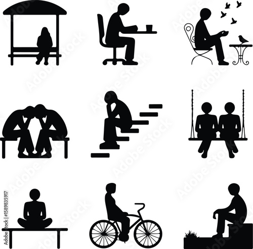Mindful Meditation Pose – Person Sitting Silhouette Vector Peaceful Sitting Person Silhouette – Calm Pose Icon Set