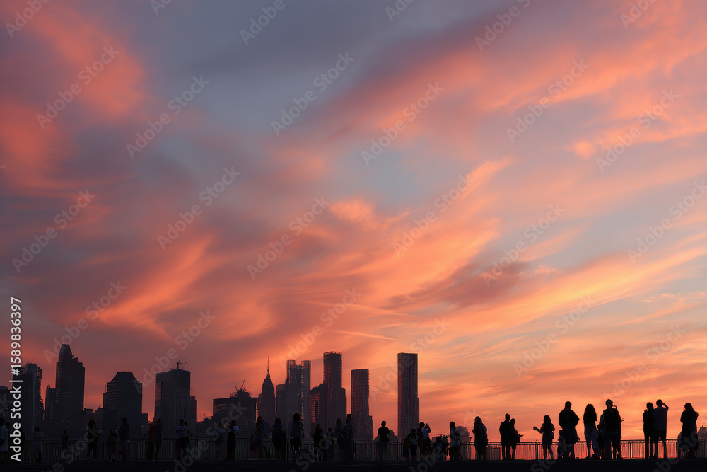 Obraz premium stunning sunset over new york city with skyscrapers silhouetted against vibrant orange and purple hues