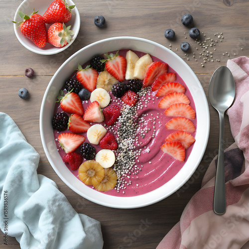 Healthy Smoothie Bowl: A vibrant smoothie bowl bursting with an array of colorful, fresh fruits, presenting a delicious and nutritious meal.