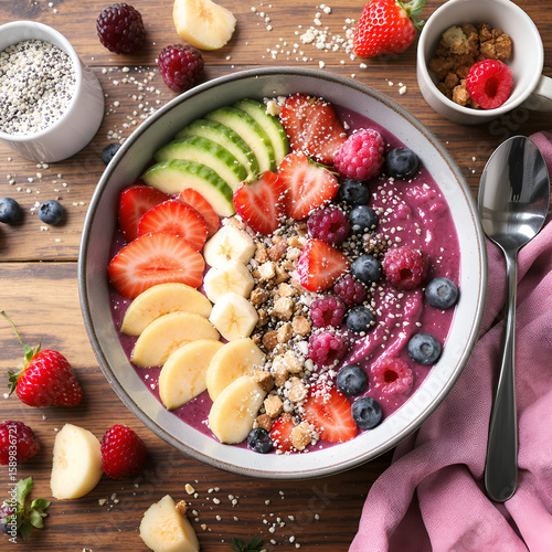 Colorful Fruit Fusion: A top-down view of a vibrant smoothie bowl, overflowing with an assortment of fresh fruits and crunchy toppings, offers a feast for the eyes and a promise of deliciousness.