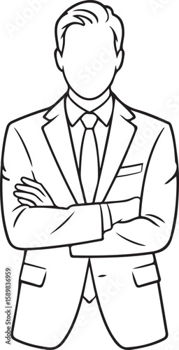 Professional businessman in suit with arms crossed line art drawing