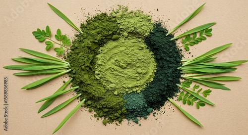 Spirulina and wheat grass powders are arranged on a tan background, with sprouts, for healthy lifestyle and nutritional wellness.