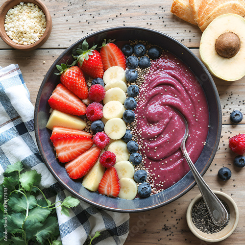 Vibrant Acai Bowl: A visually stunning and healthy acai bowl, meticulously arranged with fresh strawberries, blueberries, raspberries, and banana slices, alongside a scoop of creamy acai.
