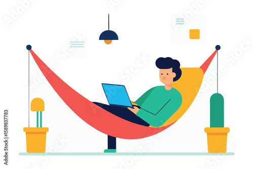 A man works on a laptop while relaxing in a hammock in a casual setting