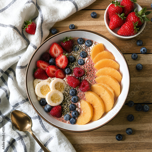 Colorful Fruit Bowl: An overhead view of a vibrantly arranged fruit bowl, brimming with an array of fresh berries, sliced tropical fruits, and wholesome seeds, alongside a simple spoon.