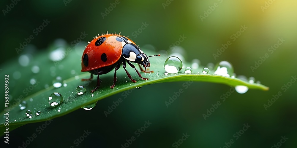 Fototapeta premium Macro of red and black ladybug on moist foliage