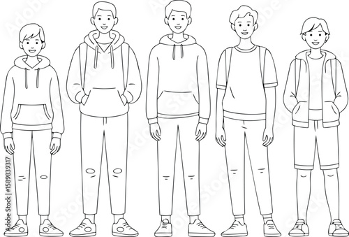 Line art drawing of diverse group of young men and boys in casual wear