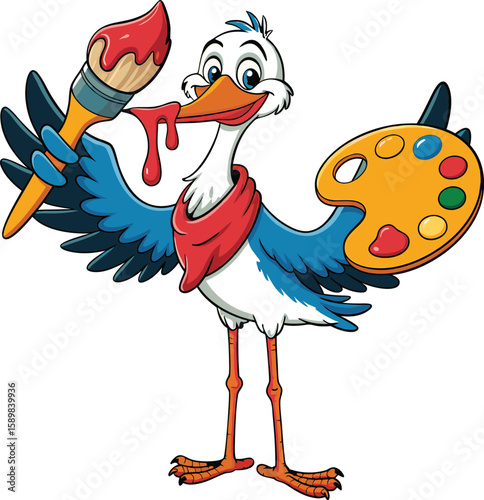 Cheerful cartoon stork artist holding brush and palette ready to paint with colorful paints