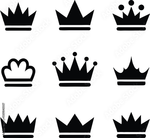 Collection of black and white crown silhouettes for royal and elegant design elements