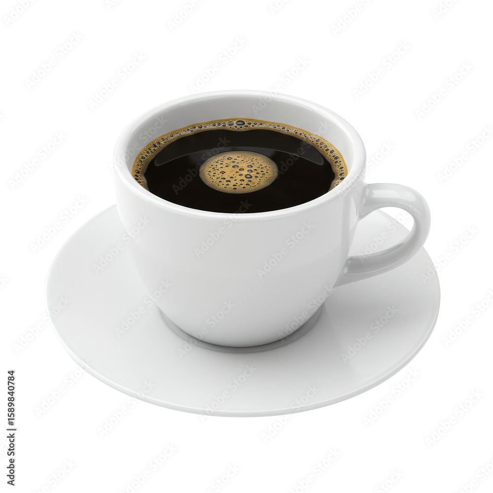 Obraz premium A transparent ceramic coffee cup with rich, dark black coffee and light brown crema, on a matching saucer, isolated on a transparent background with even, diffuse studio lighting from a slightly