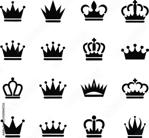 Collection of black crown silhouettes on a white background for royalty design elements