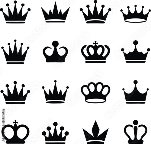 Collection of elegant crown silhouettes in various styles for design and decoration
