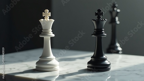 A close up of white and black king chess pieces on a marble surface with a blurred background king piece