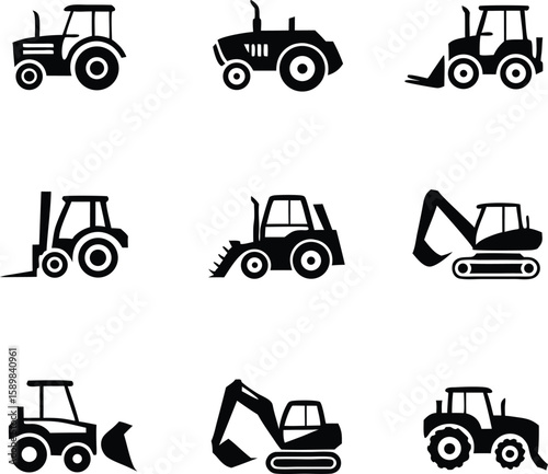 Collection of modern construction vehicles and agricultural machines black silhouette icons
