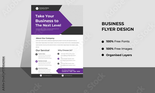  Corporate Business Modern A4 Flyers, PURPLE AND BLACK COLOR with creative editable geometric vector design templates, Informative modern layouts for promotional purpose
