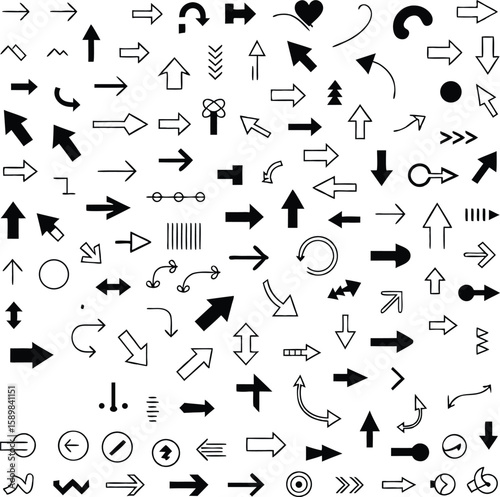 Collection of various directional arrows in black and white isolated on a white background