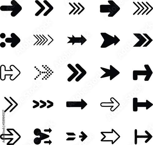 Collection of vector arrows pointing to the right in various styles and designs