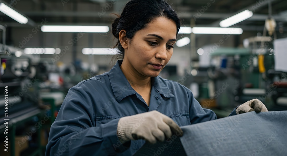 Fototapeta premium Female Textile Worker Inspecting Fabric Quality in Modern Industrial Manufacturing Facility