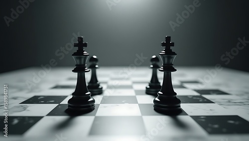 A close up of chess pieces on a chessboard with a dark background and dramatic lighting effect