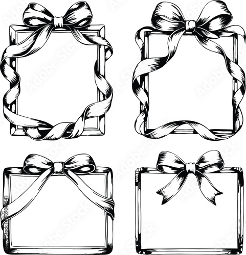 Decorative frame collection featuring elegant bows and flowing ribbons in black and white designs