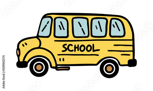 Hand drawn cartoon illustration of classic yellow school bus with bold lines and playful style isolated on background. Vector art
