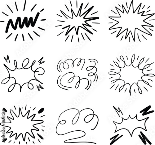 Hand drawn comic book style explosion effects vector graphic elements in black and white.