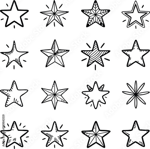 Hand drawn star doodles set isolated on a white background creative and decorative elements