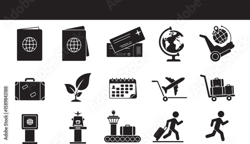 Monochrome travel and tourism icon set featuring air travel passport globe tickets and more