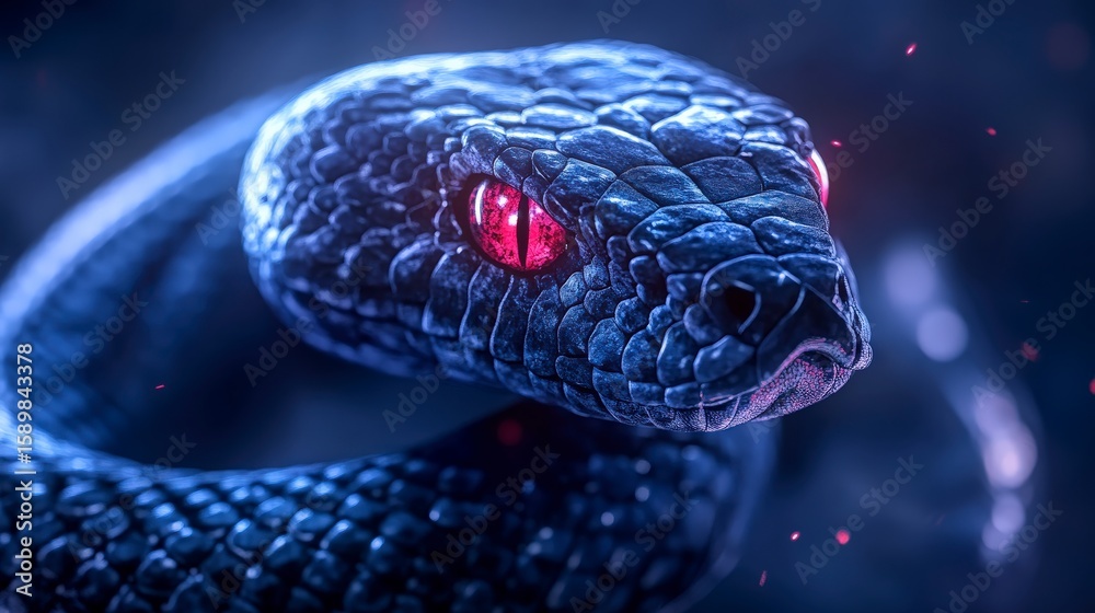 Fototapeta premium Blue Serpent with Glowing Red Eyes in Dramatic Dark Fantasy Portrait