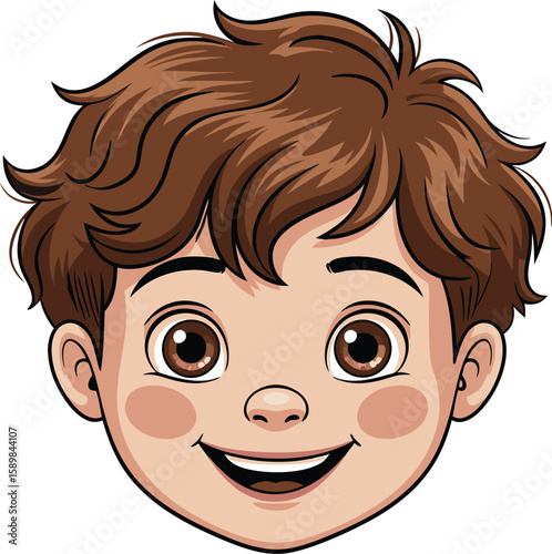Smiling cartoon portrait of a young boy with brown hair and big eyes smiling broadly