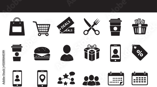 Simple black icons representing shopping deals and online services for everyday usage