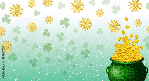 Sparkling Green Pot of Gold with Shamrocks for St. Patrick's Day Celebration