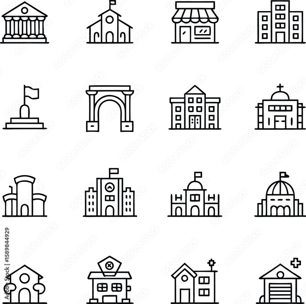 Fototapeta premium Vector illustration of various buildings including churches shops and public architecture