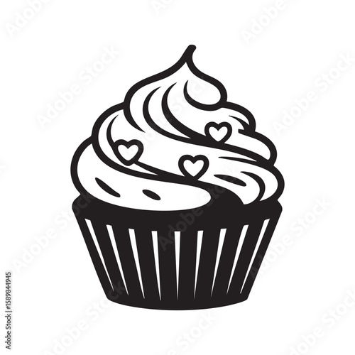 Elegant Vector Cupcake Design With Hearts Black And White For Valentines Day And Celebrations