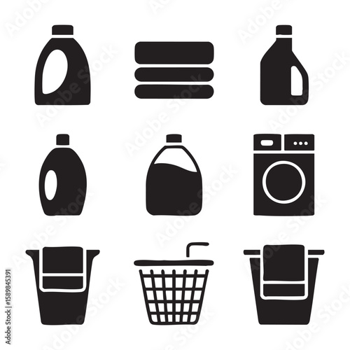 Laundry Room Icons Vector Set Of Washing Machine Detergent And Baskets