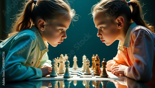 Two young girls intensely focused on a chess game with a dark blue background in a close up view