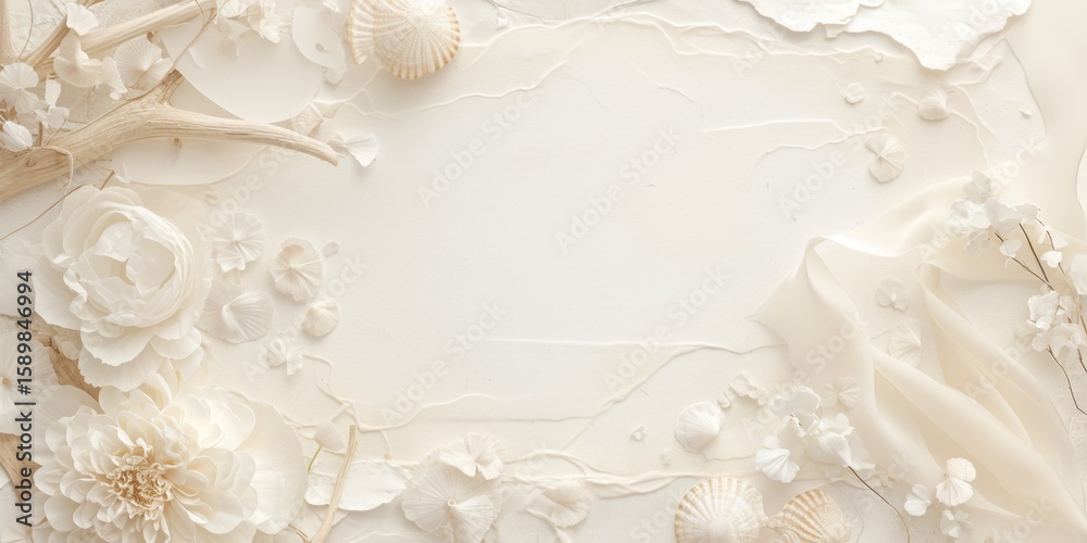 Fototapeta premium Blank White Wedding Card Mockup Flatlay White Flowers Driftwood Neutral Shells Minimalist