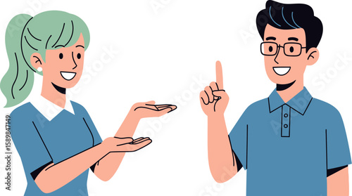Two cheerful cartoon characters are sharing ideas with hand gestures and pointing finger