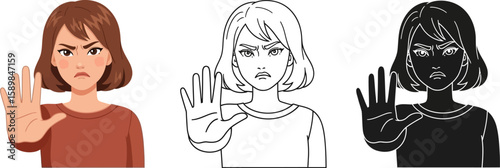 Angry woman showing stop gesture in color outline and black white style represents prohibition.