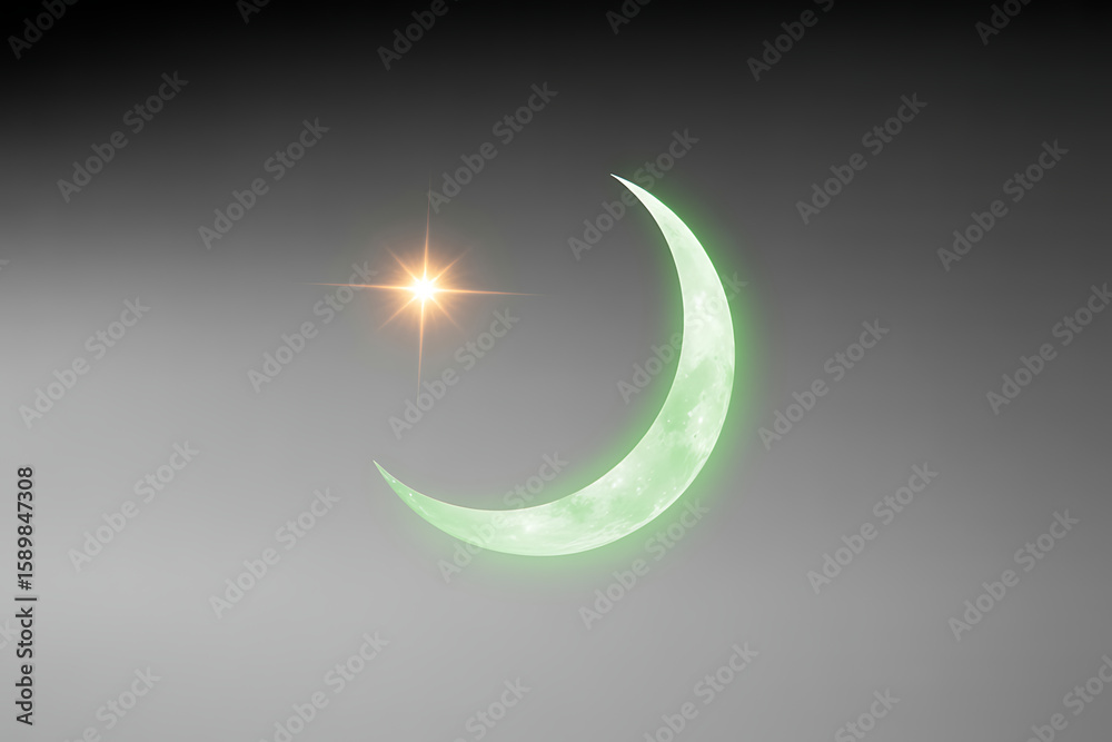 A shining star radiates beside a green crescent moon, evoking serenity and celestial wonder against a grayscale backdrop. A shining star radiates beside a green crescent moon, evoking serenity and celestial wonder against a grayscale backdrop.