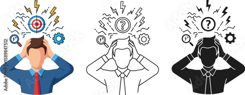 Stressed man holding his head with headache, tension and goal pressure, facing problems.