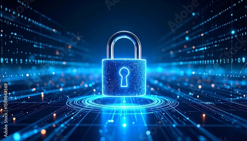 Digital cybersecurity lock icon on futuristic tech background