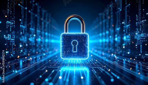 Digital cybersecurity lock icon on futuristic tech background