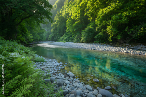 Tranquil scene of a clear river flows through a lush green forest, reflecting sunlight and offering a serene natural landscape.